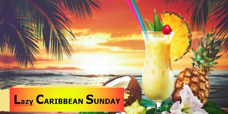 Lazy Caribbean Sunday promotieposter met palmbomen, zee en een cocktail met ananas en kokos